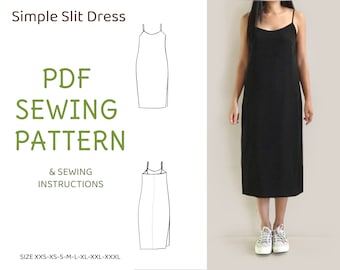 Easy to sew women's simple slit dress - PDF printable sewing pattern, instant download - U.S size 0,2,4,6,8,10,12,14 - A0,A4 or U.S letter