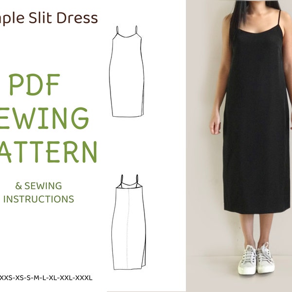 Easy to sew women's simple slit dress - PDF printable sewing pattern, instant download - U.S size 0,2,4,6,8,10,12,14 - A0,A4 or U.S letter