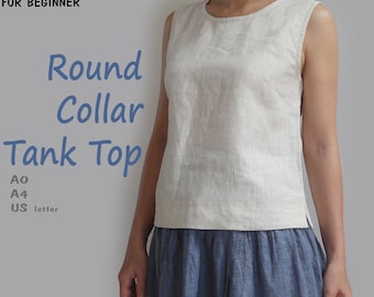 Round collar tank top sewing pattern, instant download - U.S size 2,4,6,8,10,12,14,16,18,20,22,24 - A4, U.S letter
