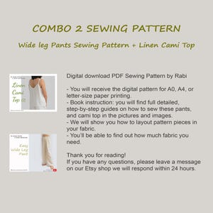 May include: Digital download PDF sewing pattern for wide leg pants and a linen cami top. The pattern includes instructions on how to sew both garments. The image shows a white linen cami top and wide leg pants.
