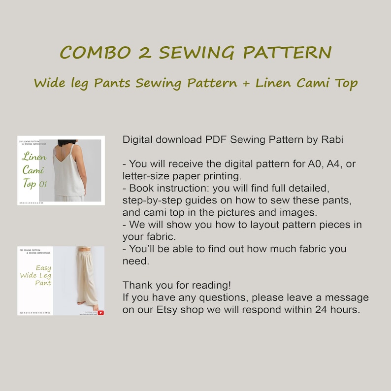 May include: Digital download PDF sewing pattern for wide leg pants and a linen cami top. The pattern includes instructions on how to sew both garments. The image shows a white linen cami top and wide leg pants.