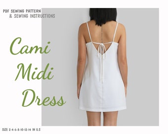 Beginner PDF Cami Midi dress sewing pattern, instant download - U.S size 2,4,6,8,10 - A0,A4 or U.S letter