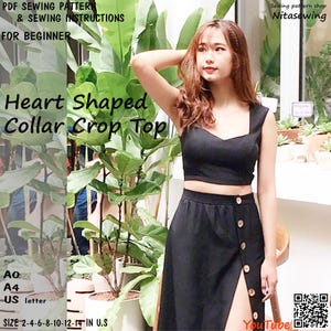 Top corto con cuello en forma de corazón para mujer - Patrón de costura imprimible en PDF, descarga instantánea - Tallas de EE. UU. 0 (XS), 2 (S), 4, 6, 8, 10, 12, 14 - A4, carta de EE. UU.