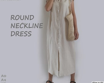 May include: A beige midi-length dress with a round neckline and a front button placket. The text reads PDF SEWING PATTERN & SEWING INSTRUCTIONS FOR BEGINNER, ROUND NECKLINE DRESS, A0, A4, US letter, SIZE 2-4-6-8-10-12-14-16-18-20 IN U.S.
