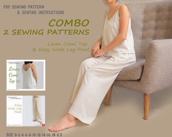 2 sewing patterns, wide leg pants sewing pattern, Linen Cami Top, instant download - U.S size 0,2,4,6,8,10,12,14,16,18 - A0, A4, U.S