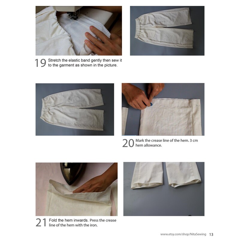 May include: A step-by-step guide on how to sew a hem on a pair of white pants. The instructions include marking the crease line of the hem, folding the hem inwards, and pressing the crease line with an iron.