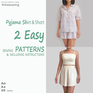 May include: Two sewing patterns for a pyjama shirt and shorts set. The patterns are available in A0, A4, and US letter sizes. The image shows two models wearing the finished garments, one in a light grey colour and the other in a cream colour.