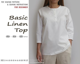 Basis linnen top naaipatroon voor een beginner, direct downloaden - Amerikaanse maat 2,4,6,8,10,12,14,16,20 - A4, Amerikaanse letter