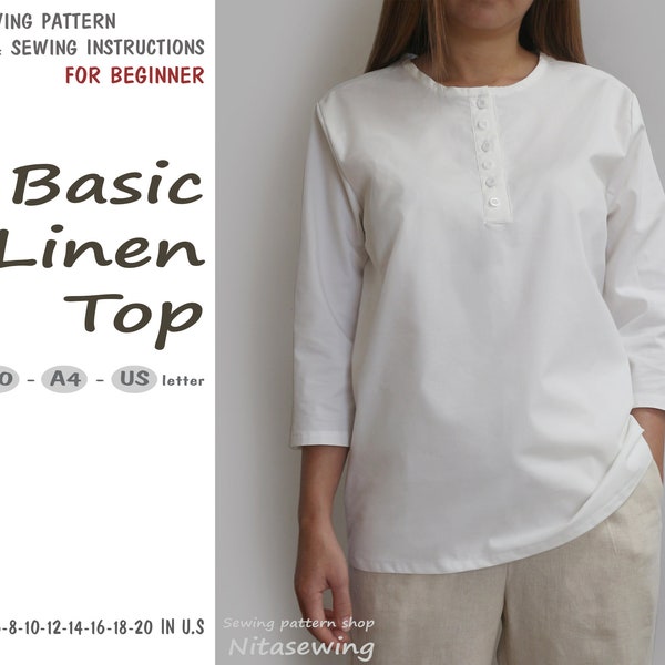 Basic Linen Top sewing pattern for a beginner, instant download - U.S size 2,4,6,8,10,12,14,16,20 - A4, U.S letter