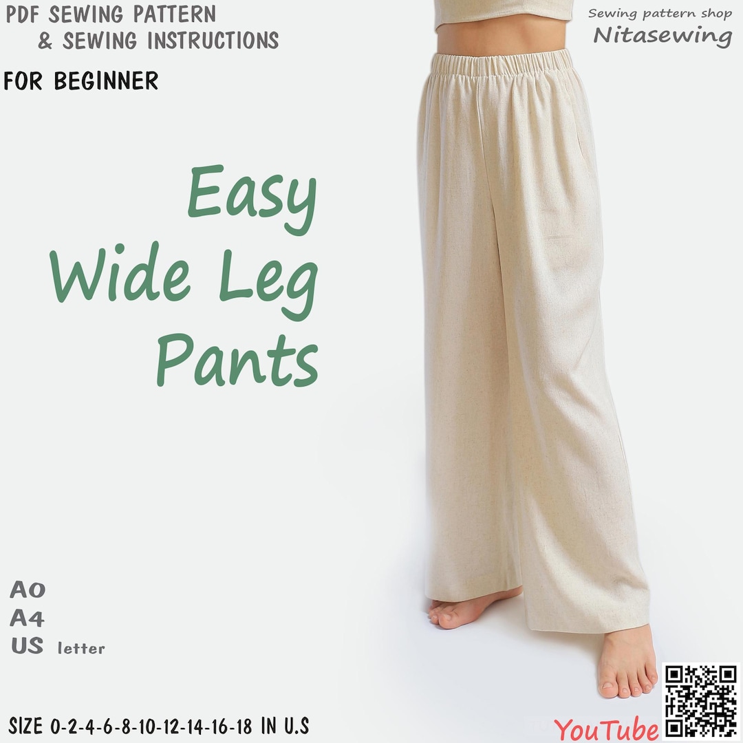 Beginner PDF Wide Leg Pants Sewing Pattern, Instant Download