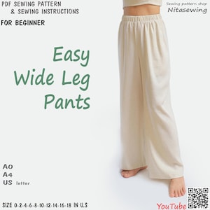 Beginner PDF wide leg pants sewing pattern, instant download - U.S size 0,2,4,6,8,10,12,14,16,18 - A0,A4, U.S