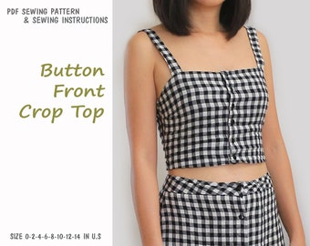 Button front crop top PDF printable sewing pattern, instant download - Size 0, 2,4,6,8,10,12,14 in U.S - A1, A4, U.S letter paper size.