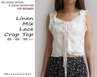 Linen mix Lace crop top PDF printable sewing pattern, instant download - Size  2,4,6,8,10,12,14 in U.S - A1, A4 , U.S letter paper size.