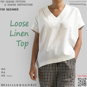 Modello di cucito per top in lino largo da donna in formato PDF per principianti, download immediato - taglie USA 0,2,4,6,8,10,12,14,16,18 - A4, lettera USA