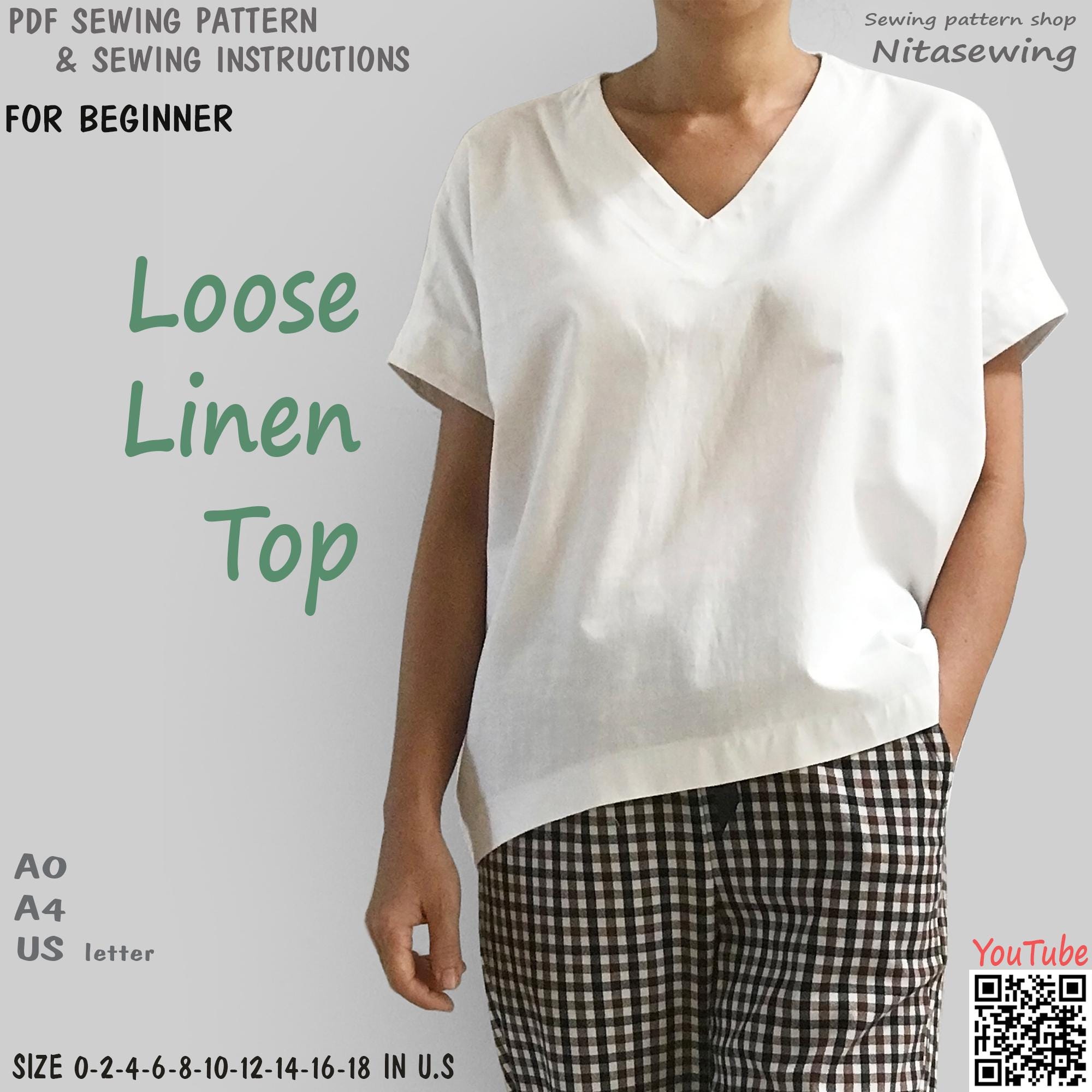 Beginner PDF women's loose linen top sewing pattern, instant download - U.S size0,2,4,6,8,10,12,14,16,18 - A4, U.S letter