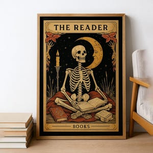 The Reader Tarot Print, Skeleton Reader Tarot Card Wall Art, Book Lover Gift, Witchy Reading Nook Art, Bookish Witchy Library Decor