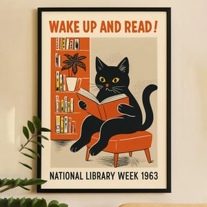 Katzen Poster, Nationalbibliothek Wandkunst, süße Katze Print, Wanddekor, lesen Kunstdruck
