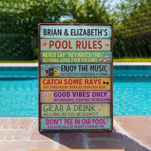 Personalized Pool Rules Sign | Funny Swimming Decor | Pool Bar outdoor Metal Sign, Pool Metal Sign Lover