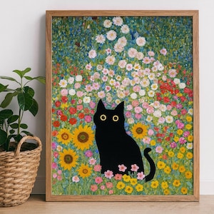 Gustav Klimt tuinkat print, Klimt bloemen kat poster, zwarte kat kunst, bloemenprint, grappige kat print, grappig cadeau, Home decor poster