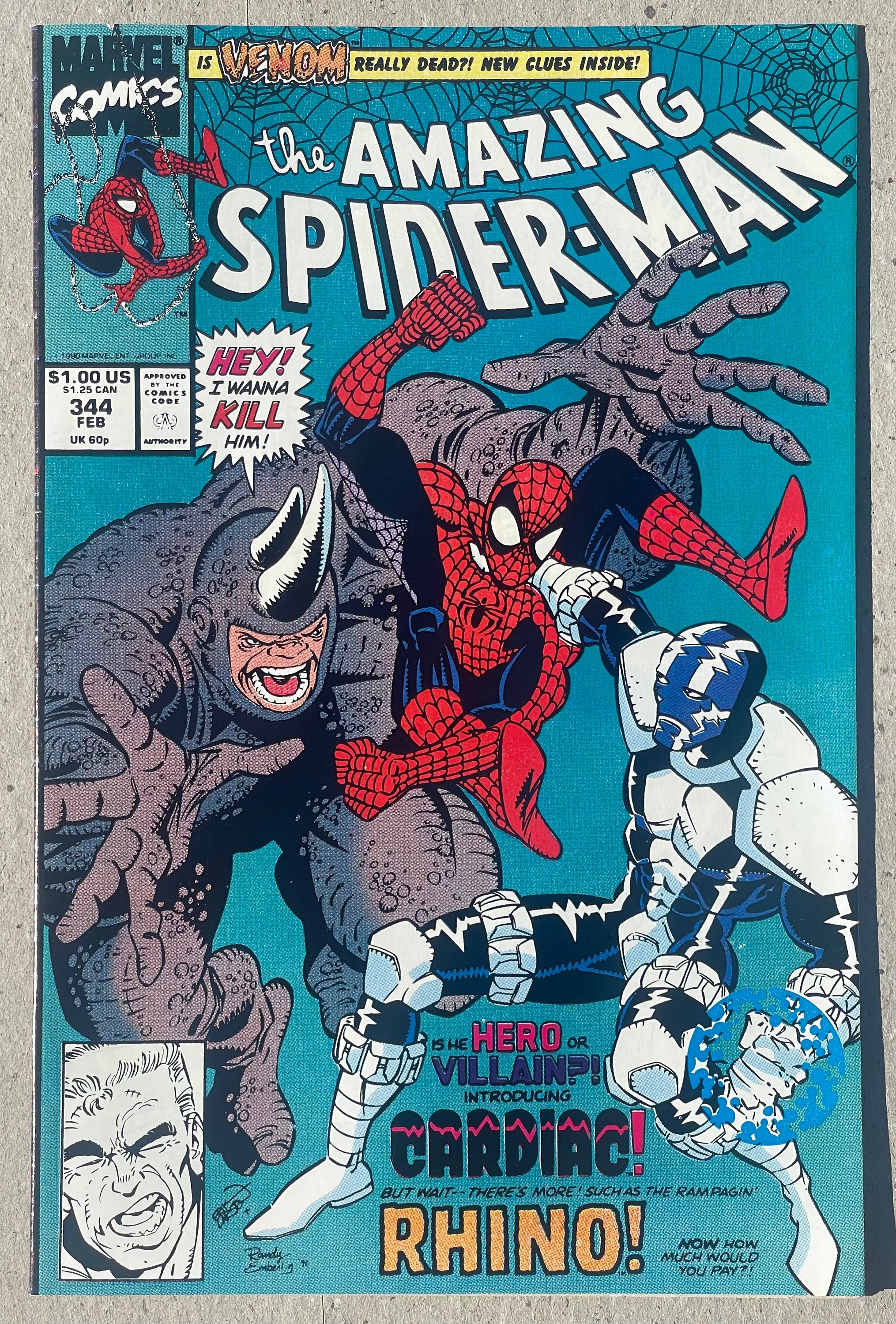 Marvel Comics - the Amazing Spider Man - Comic nr. 344 / deel 1 - februari  1990/1991 - 1e app van Cletus Kasady Cardiac/Rhino - MUNT - Vintage  juweeltje! - Etsy België, image size:2030x3000