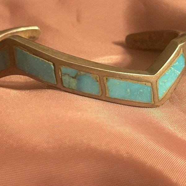 Vintage Navajo Genuine Turquoise and Silver Inlay Cuff Bracelet - 5 Rectangular Stones - 2 1/4 sz - Good Shape - Photos - Rare Antique Gem!