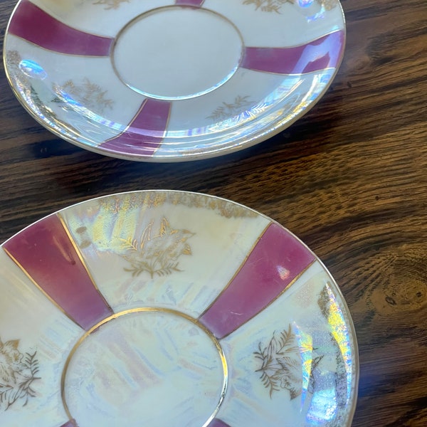 Wales - Mid-Century Hand Painted Fine Bone China - Teacup & 2 Saucers / Sm Plates - Demitasse - Gold / Pink Floral - Vintage Rare Gems!