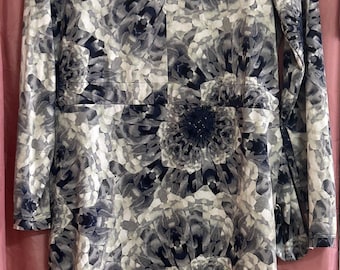 Simply Vera / Vera Wang - Chemisier / haut pour femme - Taille moyenne - Chemise / Haut à fleurs gris bleu et blanc - Manches longues - Excellent état - Gemme