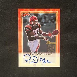 Fútbol Bowman 2000 - Peter Warrick - Tarjeta de novato con autógrafo n.° PW - SP - Estado impecable - Cincinnati Bengals - ¡Una joya vintage rara!
