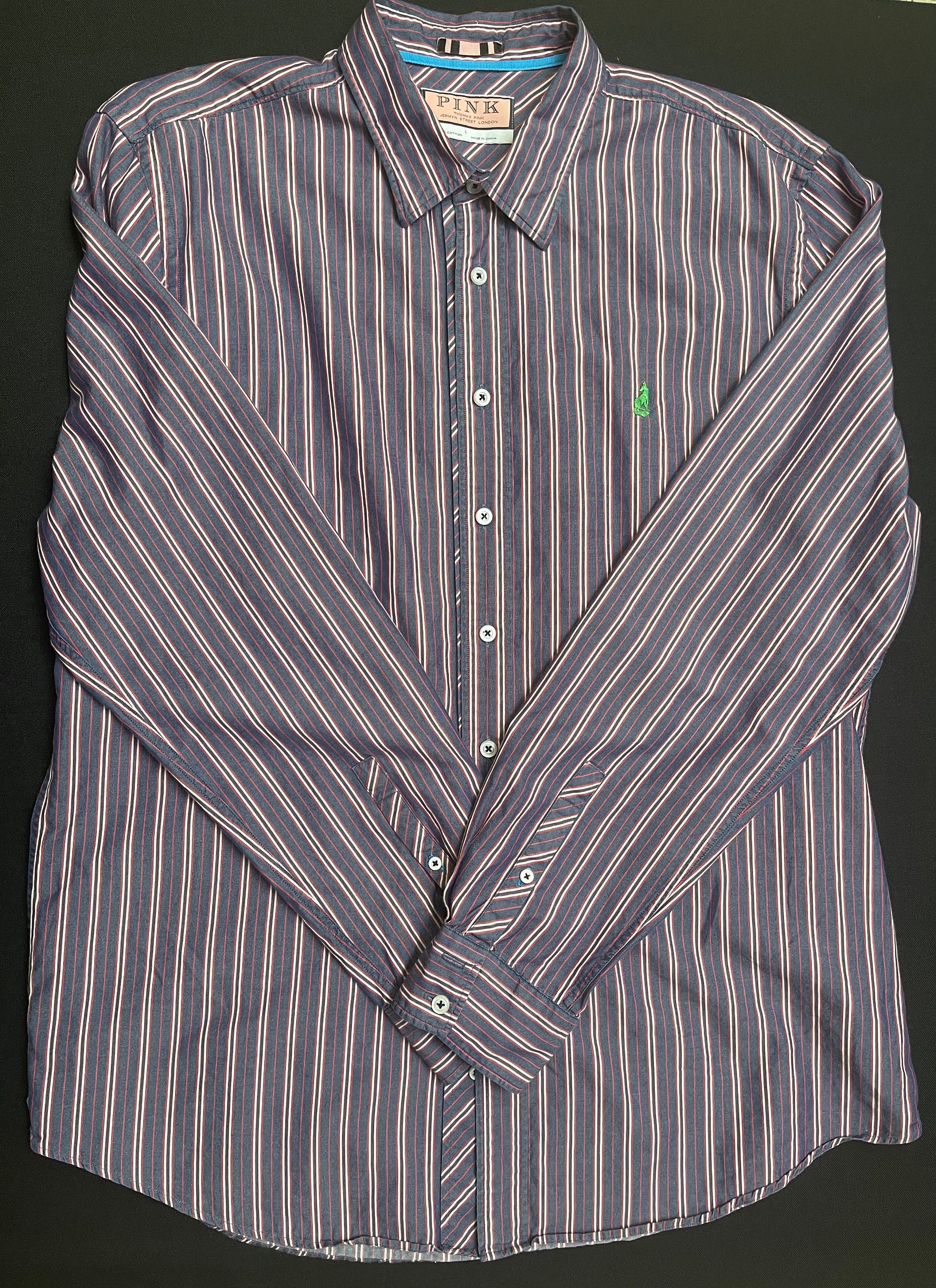 Thomas Pink Shirt Mens Size 15.5 Blue White Striped Dress Button Up Long  Sleeve*