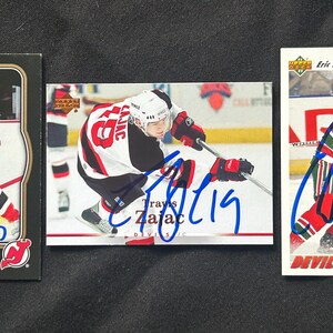 Calgary Flames 4er Set - Echte handsignierte Travis Zajac (3) und Eric Weinrich Hockeykarten - Seltene Vintage Edelsteine !!