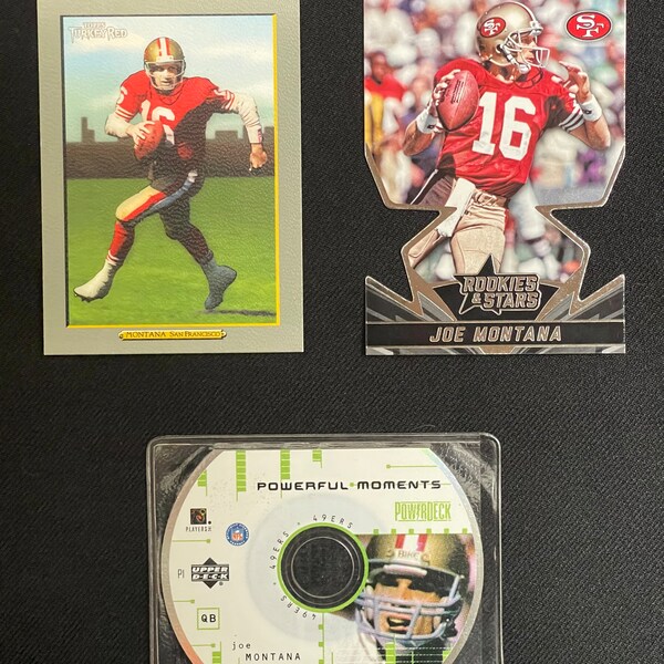 Joe Montana Card Lot of 3 - 2008 Topps Turkey Red # 237 / 2015 Panini Rookies & Stars Die Cut # SS16 - 1999 UD Powerful Moments # P1 - MINT