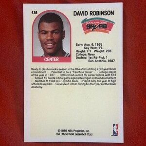 1989-90 Hoops Basketball - David Robinson Rookie Card / SP - # 138 ...