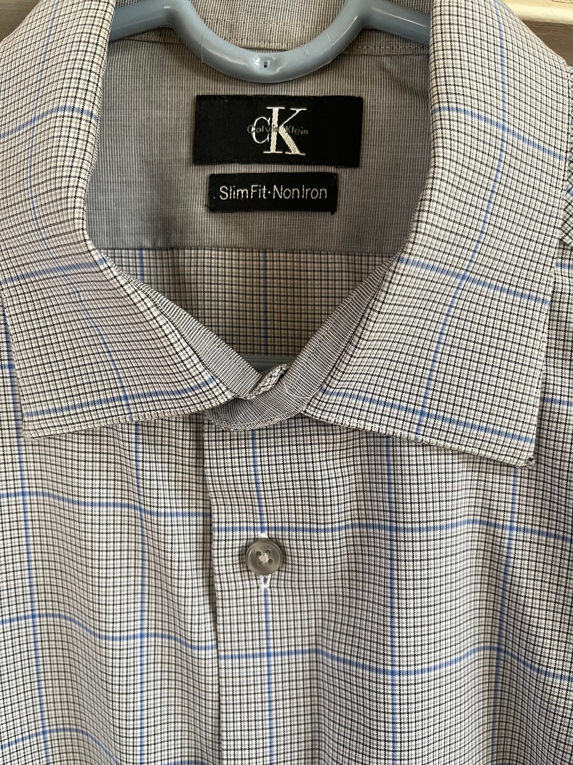 Calvin Klein Mens Large Slim Fit Non iron Long Sleeve button up blue White Gray Dress Shirt Great Shape See Photos Etsy