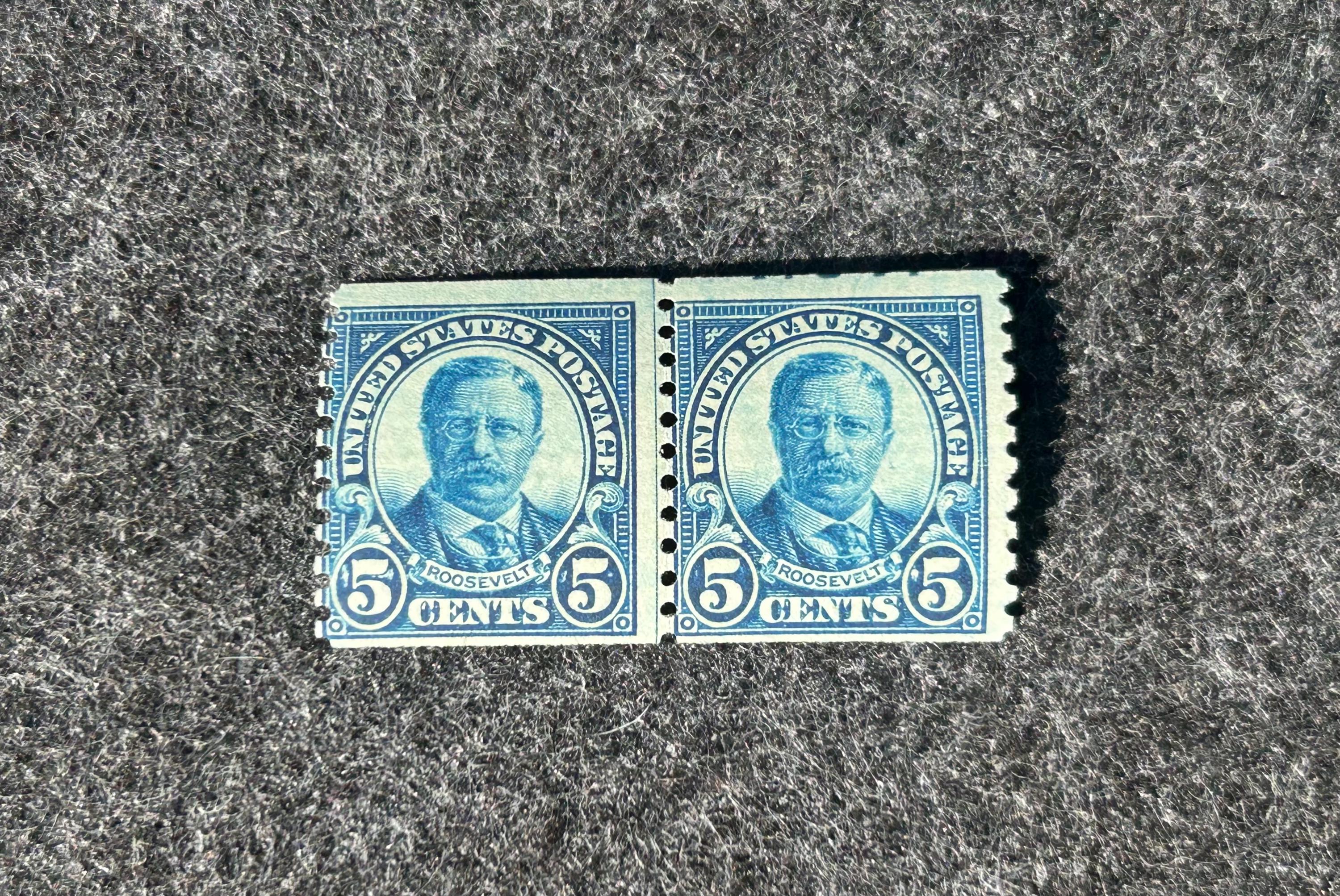 US Stamp Scott # 602 - 5 Cent Teddy Roosevelt Joint Line Coil Pair  display picture 1