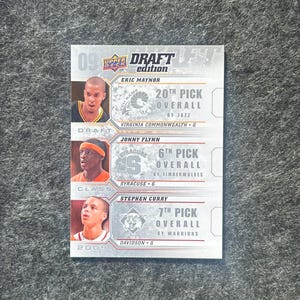 Puede incluir: Una tarjeta de intercambio de baloncesto con tres selecciones del draft de la NBA. La tarjeta es plateada con acentos negros y rojos. La tarjeta superior presenta a Eric Maynor, la tarjeta del medio presenta a Jonny Flynn y la tarjeta inferior presenta a Stephen Curry. Cada tarjeta presenta el nombre del jugador, su equipo y su posición en el draft.