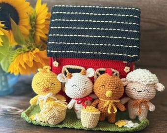 Little Red Barn Crochet Pattern PDF,  Farm Animals Amigurumi Tutorial, Farm Playset, Toy Storage