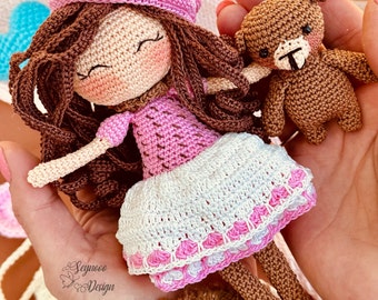 Crochet Miniature Doll with Teddy Bear: Handmade Amigurumi