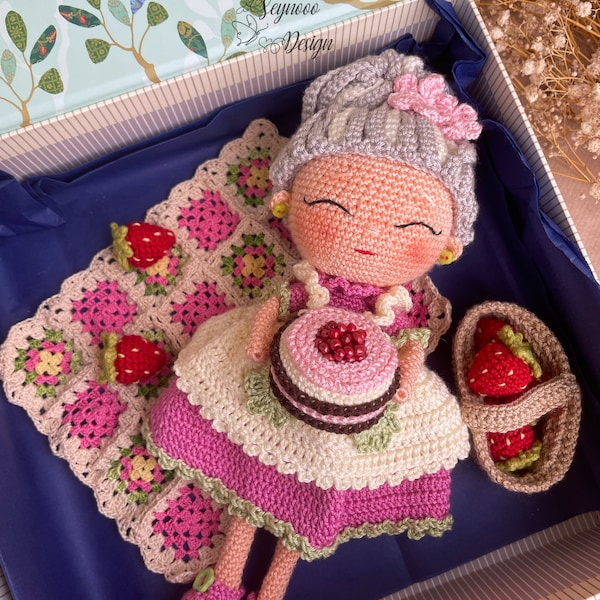 Niedliche Oma Puppe Häkelanleitung, Amigurumi Oma Puppe Pdf Muster, Oma Puppe mit Erdbeerkuchen