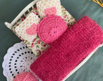 Handmade Dollhouse Bedding Set: Miniature Pink Pillows, Blanket & Rug