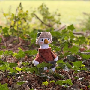 May include: A handmade crochet goose wearing a brown sweater, a fur-lined hat, and a small black bag. The goose has a white body, a yellow beak, and is set against a backdrop of green foliage.
