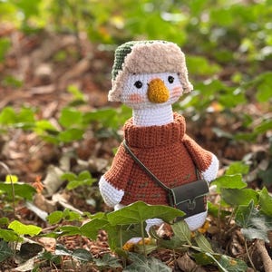 May include: A handmade crochet goose wearing a brown sweater, a green and tan hat, and a small green bag. The goose has a yellow beak and is surrounded by green foliage.