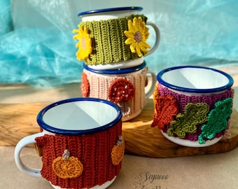 Crochet Autumn Mug Cozy Pattern: Pumpkin, Mushroom, Leaf, Sunflower (PDF)