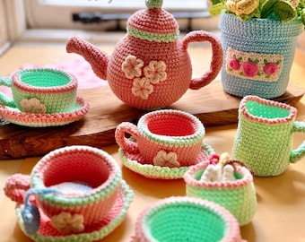 Crochet Teapot Set Pattern PDF, Amigurumi Tea Party Set, Play Kitchen Toy, Spring Decor