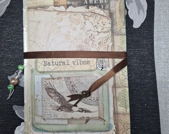 Nature inspired hand made Junk Journal, Soft Cover, One Signature, Ribbon closure and charms, Unique, One off