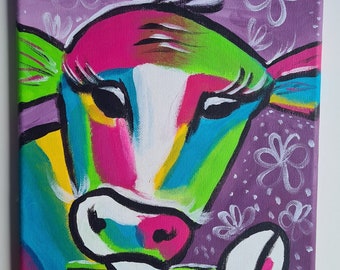 Funky Bright Cow Acrylic Cow Painting, Original art, one off piece, Unique, One off