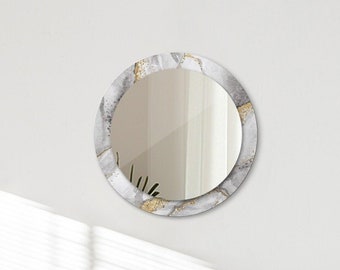 Miroir rond blanc, miroir en marbre blanc avec cadre en verre doré, petit miroir, miroir décoratif, miroir mural art déco, miroir de salle de bain