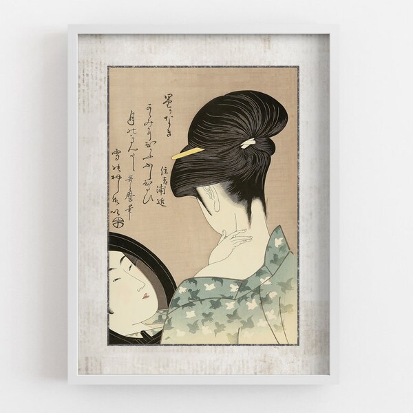 Poudrage du cou 1790 Ukiyo japonais Kitagawa Utamaro, poster avec cadre, poster de chambre beige, impression d'art en noir, ambiance old school femme