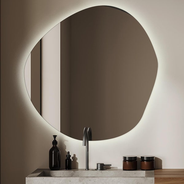 Miroir abstrait LED, miroir de courtoisie avec lumières, miroir de couloir, petit miroir mural, miroir cool, miroir irrégulier, miroir fait main