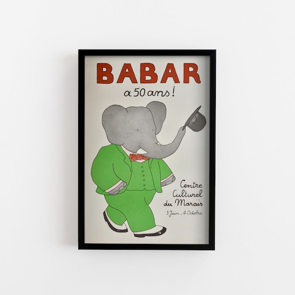 Jean De Brunhoff Babar A 50 Ans Poster, Green Retro Decor, Gray Wall Decoration, Animal Framed Print, Birthday Gift