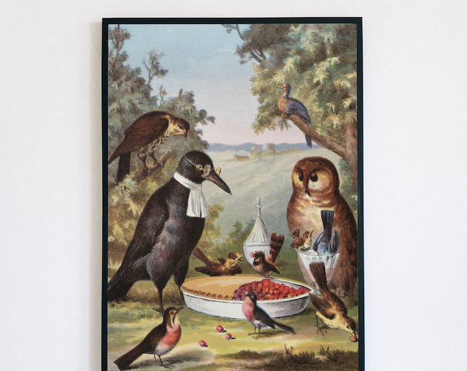 Crow Owl and Birds Feast on a Pie Print PRINTABLE | 3721